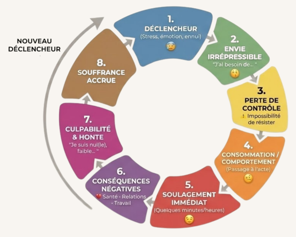 Infographie sur le cercle vicieux de l'addiction (déclencheur, perte de contrôle, culpabilité) par un psychothérapeute spécialisé à Montpellier. Schéma expliquant les étapes de la dépendance aux substances et aux comportements.