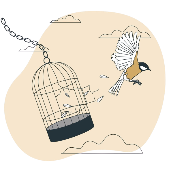 Illustration d'un oiseau s'envolant d'une cage ouverte, symbolisant la libération de la dépendance et la guérison. Accompagnement vers le rétablissement par un psychothérapeute spécialiste des addictions à Montpellier.