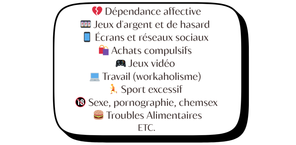 Infographie sur les addictions comportementales (dépendance affective, dépendance sexuelle, jeux vidéo, écrans, sport, boulimie, anorexie, troubles alimentaires) expliquée par un psychothérapeute à Montpellier. Schéma montrant que le cerveau traite les addictions sans substance comme les drogues.