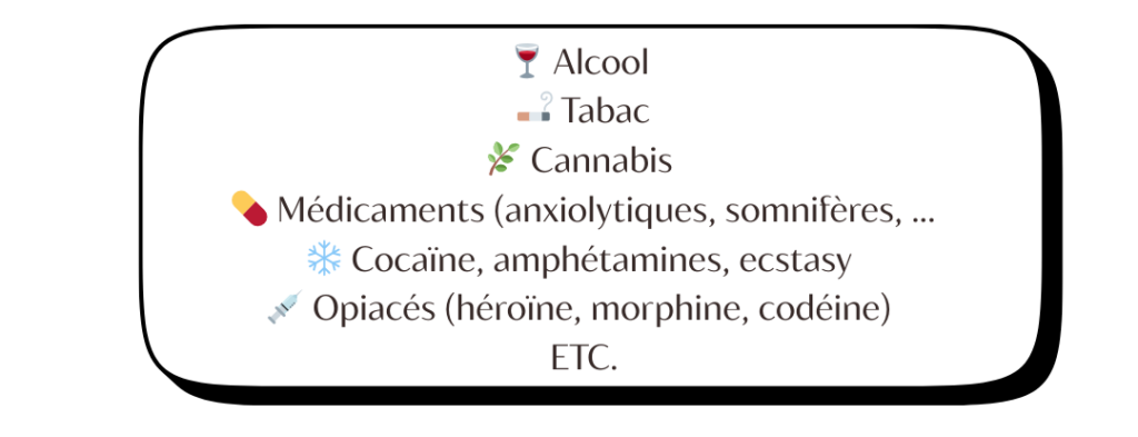 Liste des addictions avec substances traitées par votre psychothérapeute à Montpellier : alcool, tabac, cannabis, médicaments (anxiolytiques), cocaïne et opiacés. Infographie sur la stigmatisation et le diagnostic des dépendances.